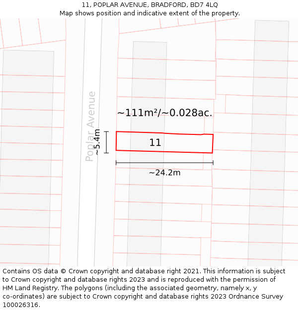 11, POPLAR AVENUE, BRADFORD, BD7 4LQ: Plot and title map