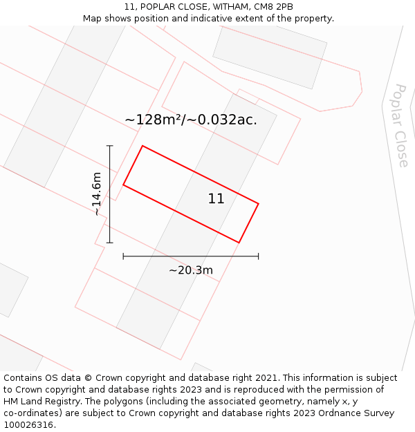 11, POPLAR CLOSE, WITHAM, CM8 2PB: Plot and title map