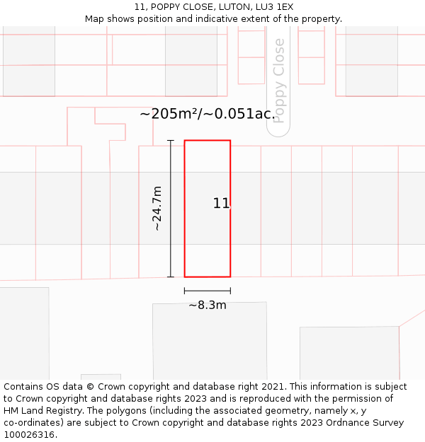 11, POPPY CLOSE, LUTON, LU3 1EX: Plot and title map