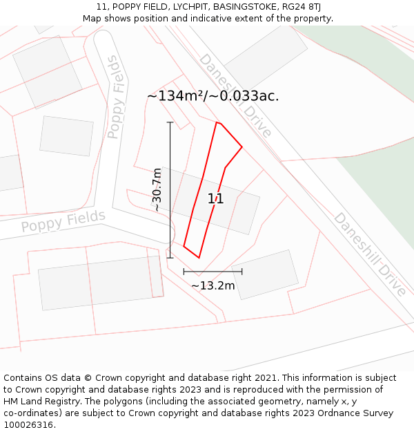 11, POPPY FIELD, LYCHPIT, BASINGSTOKE, RG24 8TJ: Plot and title map