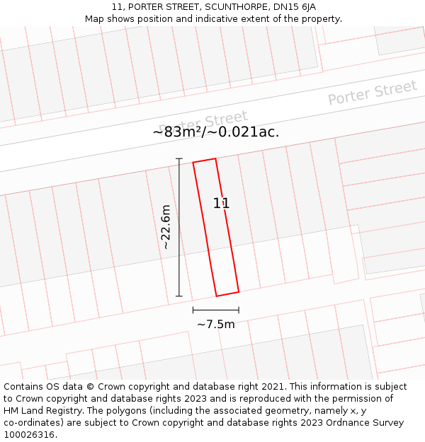 11, PORTER STREET, SCUNTHORPE, DN15 6JA: Plot and title map