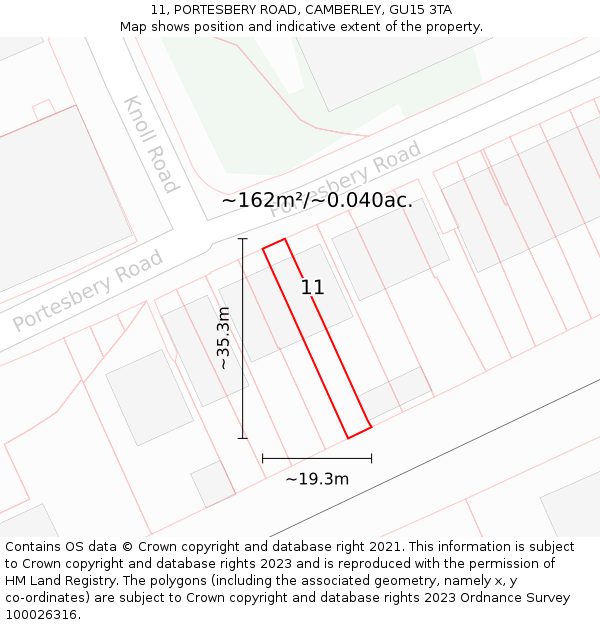 11, PORTESBERY ROAD, CAMBERLEY, GU15 3TA: Plot and title map