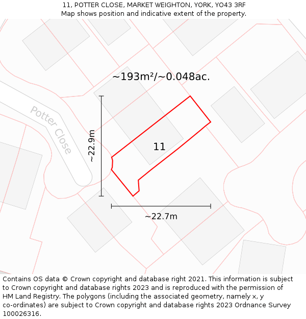 11, POTTER CLOSE, MARKET WEIGHTON, YORK, YO43 3RF: Plot and title map