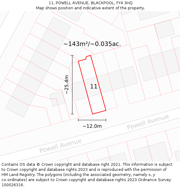11, POWELL AVENUE, BLACKPOOL, FY4 3HQ: Plot and title map
