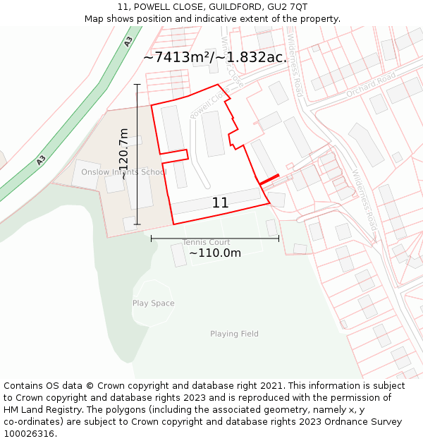 11, POWELL CLOSE, GUILDFORD, GU2 7QT: Plot and title map