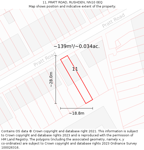 11, PRATT ROAD, RUSHDEN, NN10 0EQ: Plot and title map