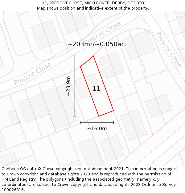 11, PRESCOT CLOSE, MICKLEOVER, DERBY, DE3 0TB: Plot and title map