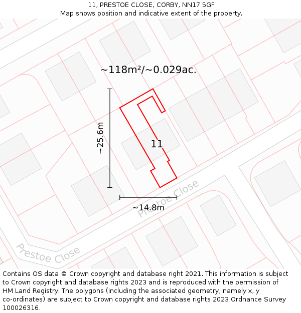 11, PRESTOE CLOSE, CORBY, NN17 5GF: Plot and title map