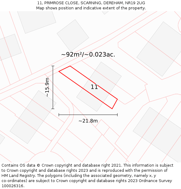 11, PRIMROSE CLOSE, SCARNING, DEREHAM, NR19 2UG: Plot and title map