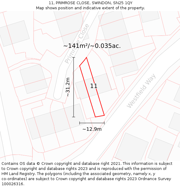 11, PRIMROSE CLOSE, SWINDON, SN25 1QY: Plot and title map