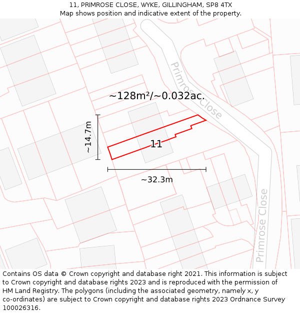 11, PRIMROSE CLOSE, WYKE, GILLINGHAM, SP8 4TX: Plot and title map