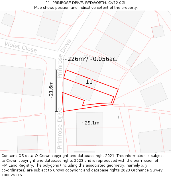 11, PRIMROSE DRIVE, BEDWORTH, CV12 0GL: Plot and title map