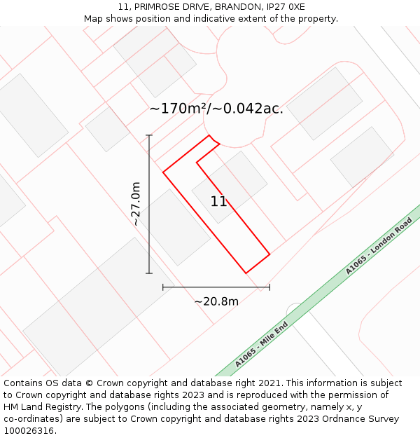11, PRIMROSE DRIVE, BRANDON, IP27 0XE: Plot and title map