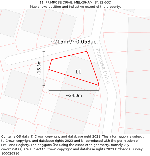 11, PRIMROSE DRIVE, MELKSHAM, SN12 6GD: Plot and title map