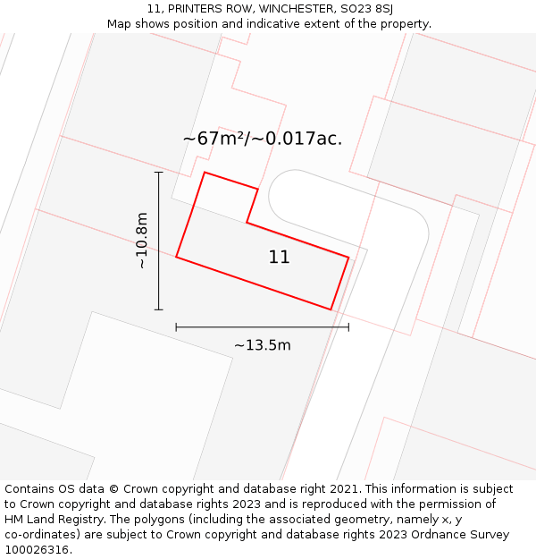 11, PRINTERS ROW, WINCHESTER, SO23 8SJ: Plot and title map