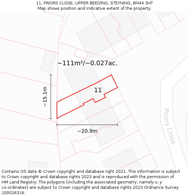 11, PRIORS CLOSE, UPPER BEEDING, STEYNING, BN44 3HT: Plot and title map
