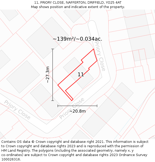 11, PRIORY CLOSE, NAFFERTON, DRIFFIELD, YO25 4AT: Plot and title map