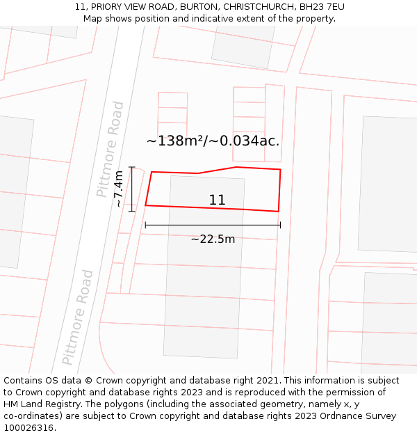 11, PRIORY VIEW ROAD, BURTON, CHRISTCHURCH, BH23 7EU: Plot and title map