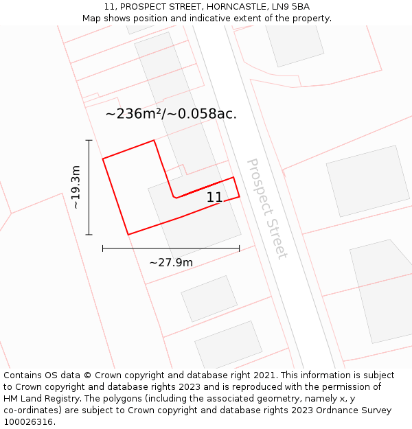 11, PROSPECT STREET, HORNCASTLE, LN9 5BA: Plot and title map