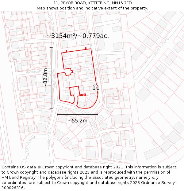 11, PRYOR ROAD, KETTERING, NN15 7FD: Plot and title map