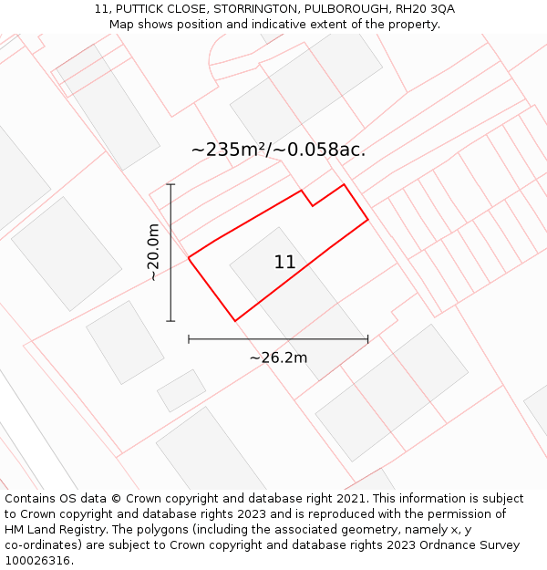11, PUTTICK CLOSE, STORRINGTON, PULBOROUGH, RH20 3QA: Plot and title map