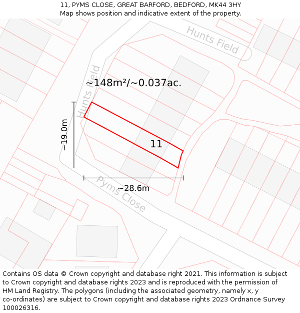 11, PYMS CLOSE, GREAT BARFORD, BEDFORD, MK44 3HY: Plot and title map