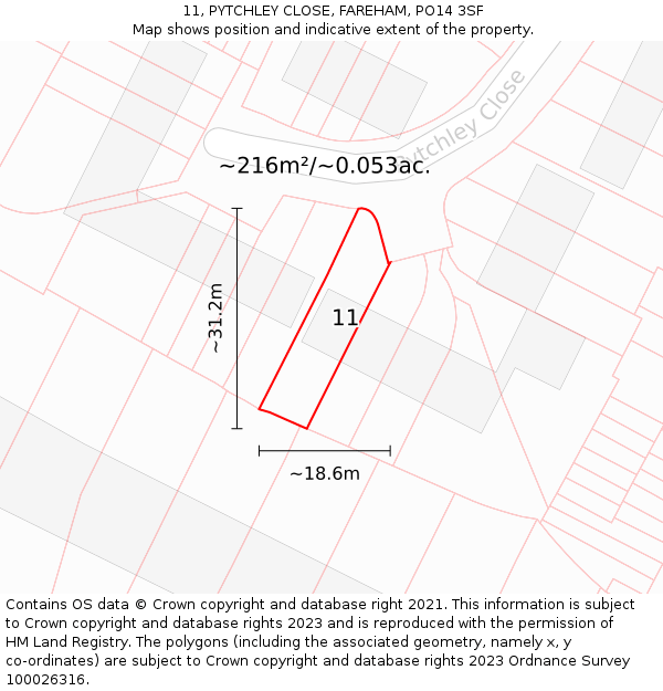 11, PYTCHLEY CLOSE, FAREHAM, PO14 3SF: Plot and title map