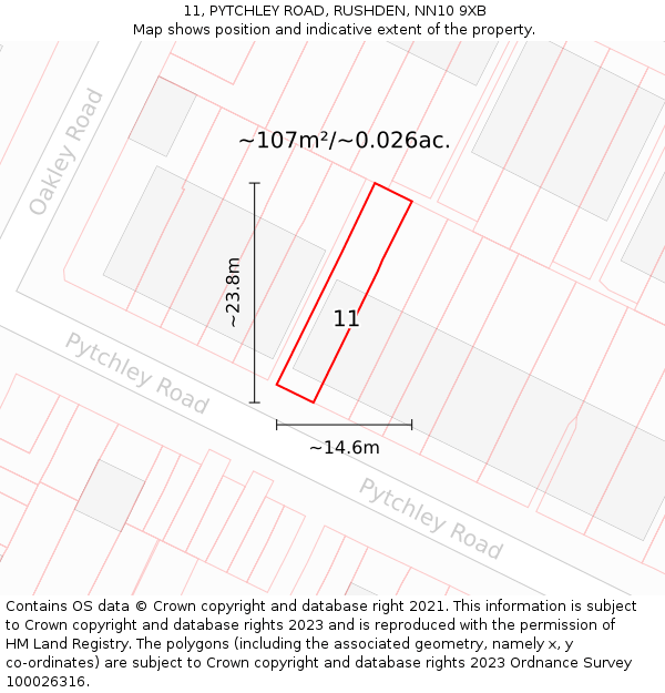 11, PYTCHLEY ROAD, RUSHDEN, NN10 9XB: Plot and title map