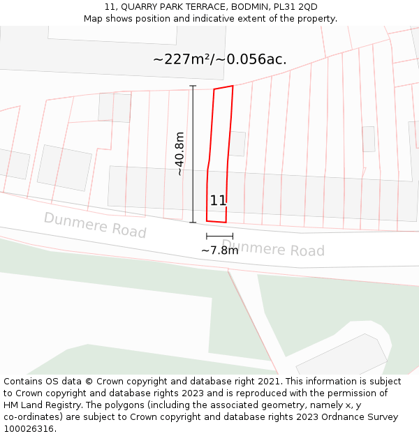 11, QUARRY PARK TERRACE, BODMIN, PL31 2QD: Plot and title map