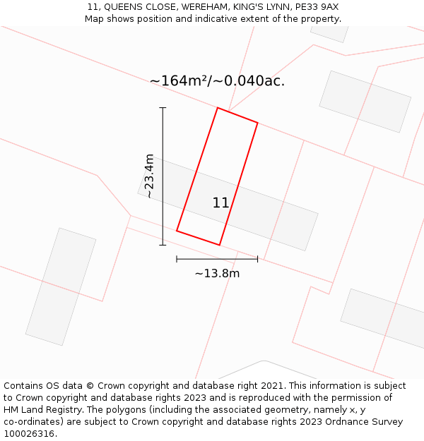 11, QUEENS CLOSE, WEREHAM, KING'S LYNN, PE33 9AX: Plot and title map
