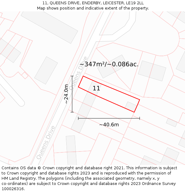 11, QUEENS DRIVE, ENDERBY, LEICESTER, LE19 2LL: Plot and title map