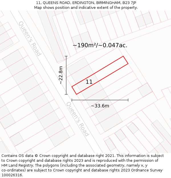 11, QUEENS ROAD, ERDINGTON, BIRMINGHAM, B23 7JP: Plot and title map