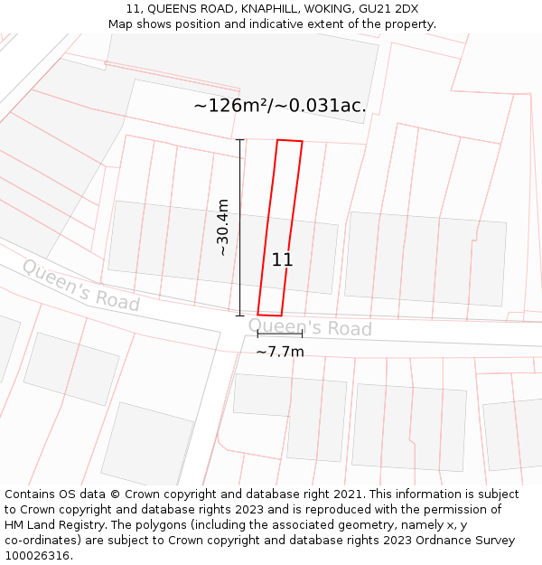 11, QUEENS ROAD, KNAPHILL, WOKING, GU21 2DX: Plot and title map