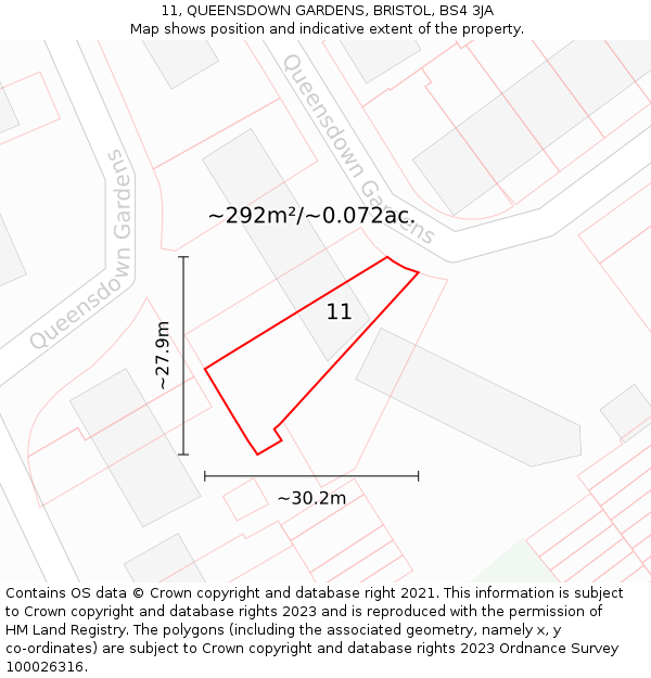 11, QUEENSDOWN GARDENS, BRISTOL, BS4 3JA: Plot and title map