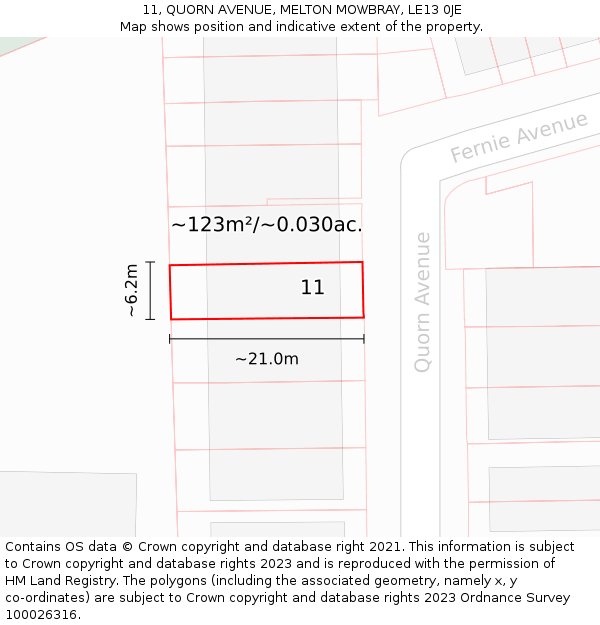 11, QUORN AVENUE, MELTON MOWBRAY, LE13 0JE: Plot and title map
