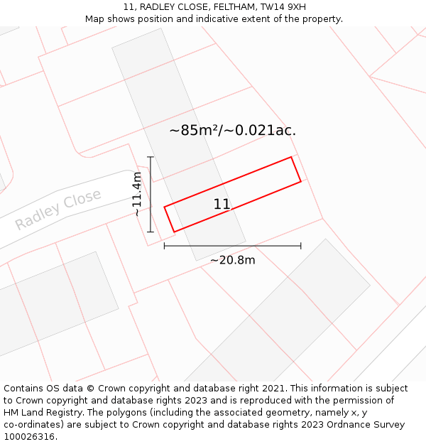 11, RADLEY CLOSE, FELTHAM, TW14 9XH: Plot and title map