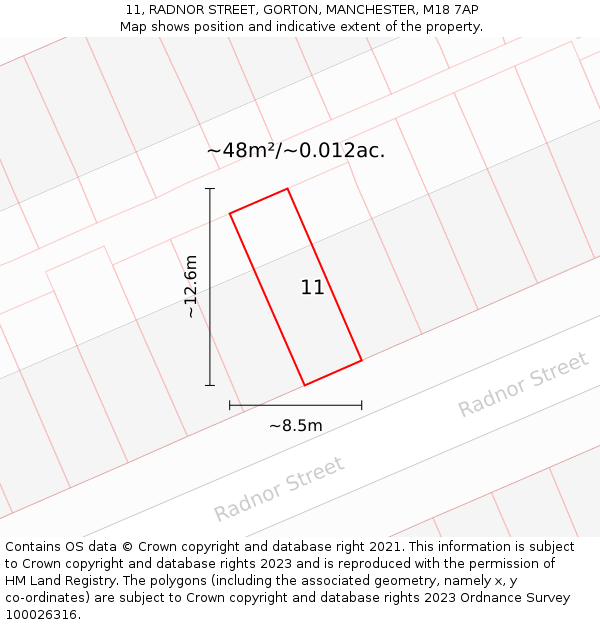 11, RADNOR STREET, GORTON, MANCHESTER, M18 7AP: Plot and title map