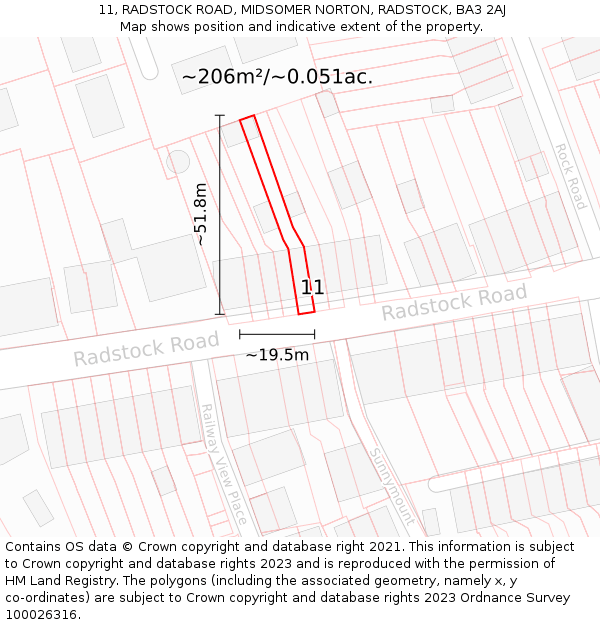 11, RADSTOCK ROAD, MIDSOMER NORTON, RADSTOCK, BA3 2AJ: Plot and title map