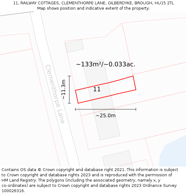 11, RAILWAY COTTAGES, CLEMENTHORPE LANE, GILBERDYKE, BROUGH, HU15 2TL: Plot and title map