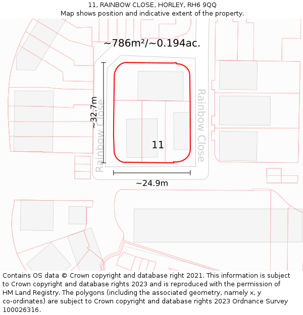 11, RAINBOW CLOSE, HORLEY, RH6 9QQ: Plot and title map