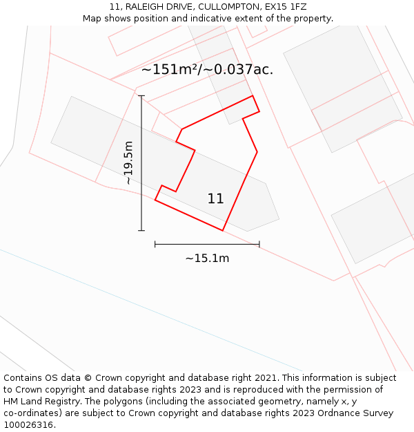 11, RALEIGH DRIVE, CULLOMPTON, EX15 1FZ: Plot and title map