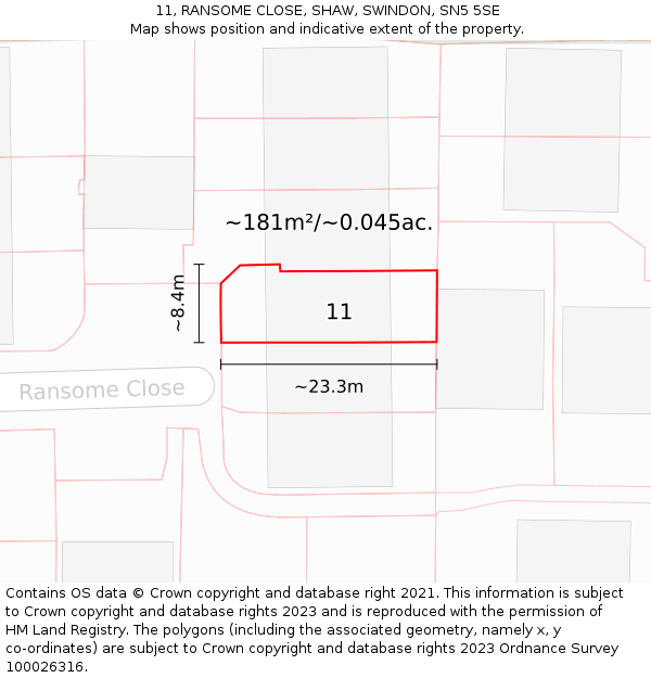 11, RANSOME CLOSE, SHAW, SWINDON, SN5 5SE: Plot and title map