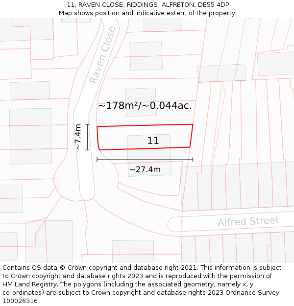 11, RAVEN CLOSE, RIDDINGS, ALFRETON, DE55 4DP: Plot and title map
