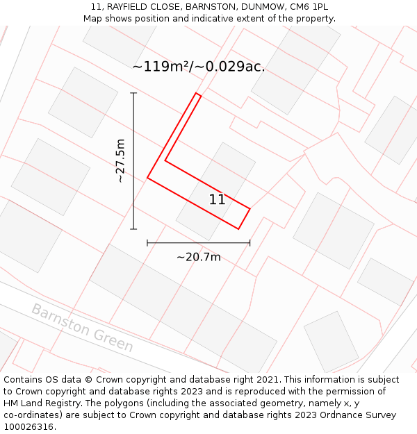 11, RAYFIELD CLOSE, BARNSTON, DUNMOW, CM6 1PL: Plot and title map