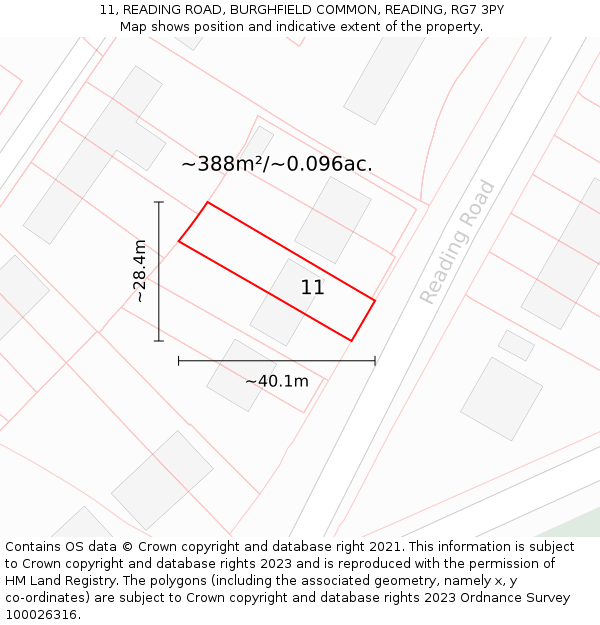 11, READING ROAD, BURGHFIELD COMMON, READING, RG7 3PY: Plot and title map