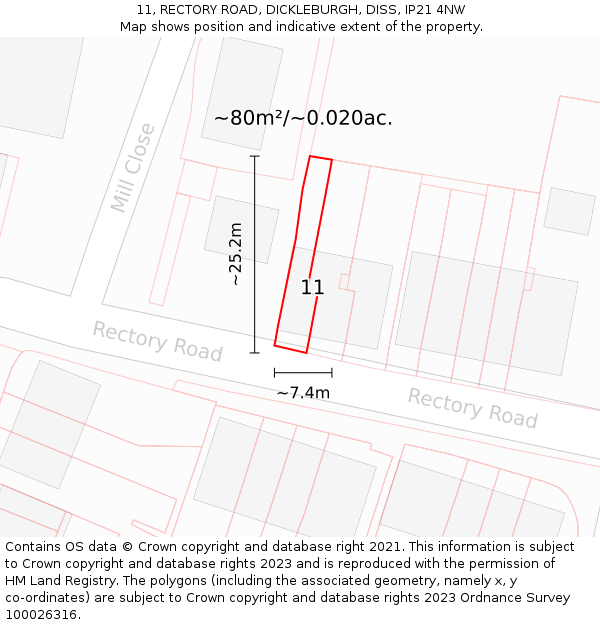 11, RECTORY ROAD, DICKLEBURGH, DISS, IP21 4NW: Plot and title map