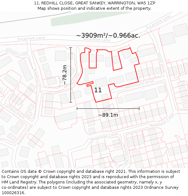 11, REDHILL CLOSE, GREAT SANKEY, WARRINGTON, WA5 1ZP: Plot and title map
