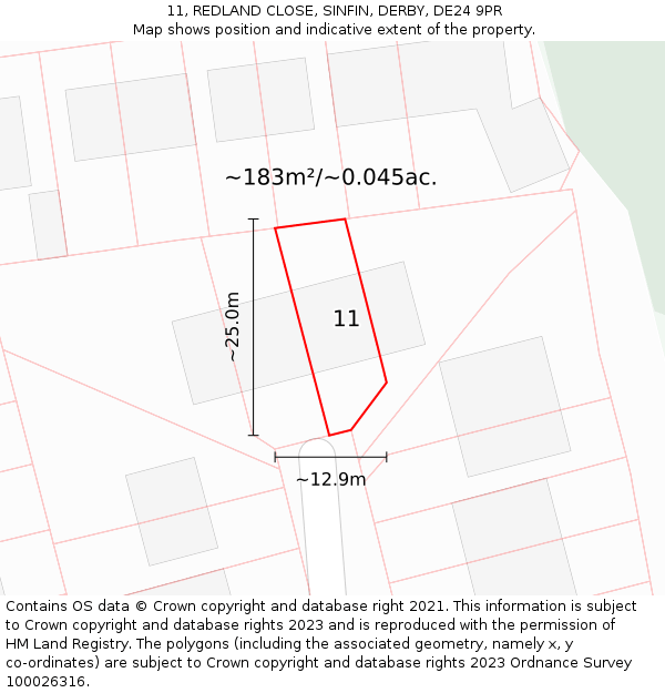 11, REDLAND CLOSE, SINFIN, DERBY, DE24 9PR: Plot and title map