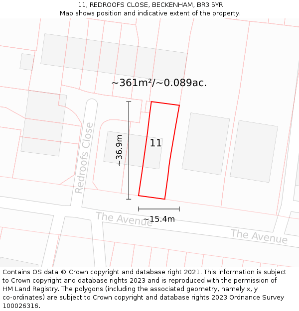 11, REDROOFS CLOSE, BECKENHAM, BR3 5YR: Plot and title map