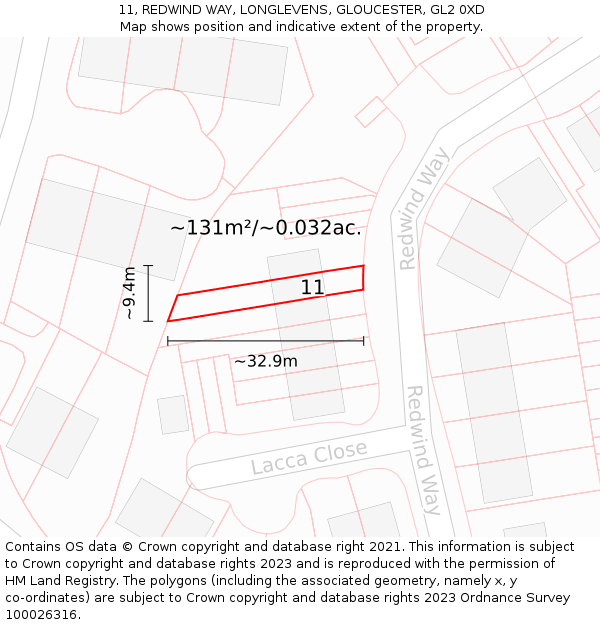 11, REDWIND WAY, LONGLEVENS, GLOUCESTER, GL2 0XD: Plot and title map